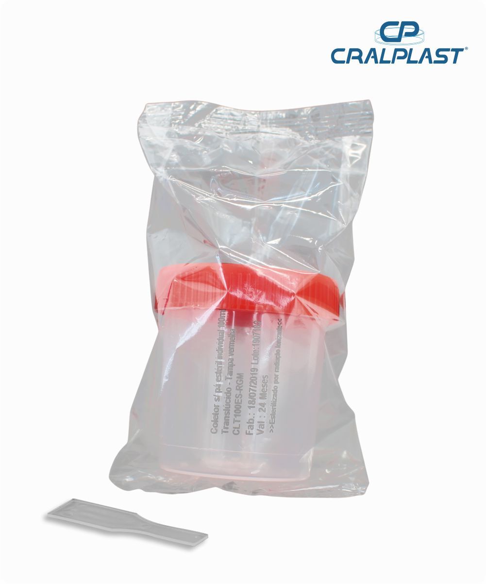 Coletor de urina 100mL com pá estéril individual  tampa vermelha